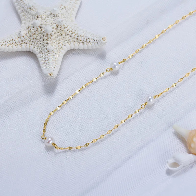 Sterling Silver Freshwater Pearl Chain, 14k Gold Plated Necklace - 195