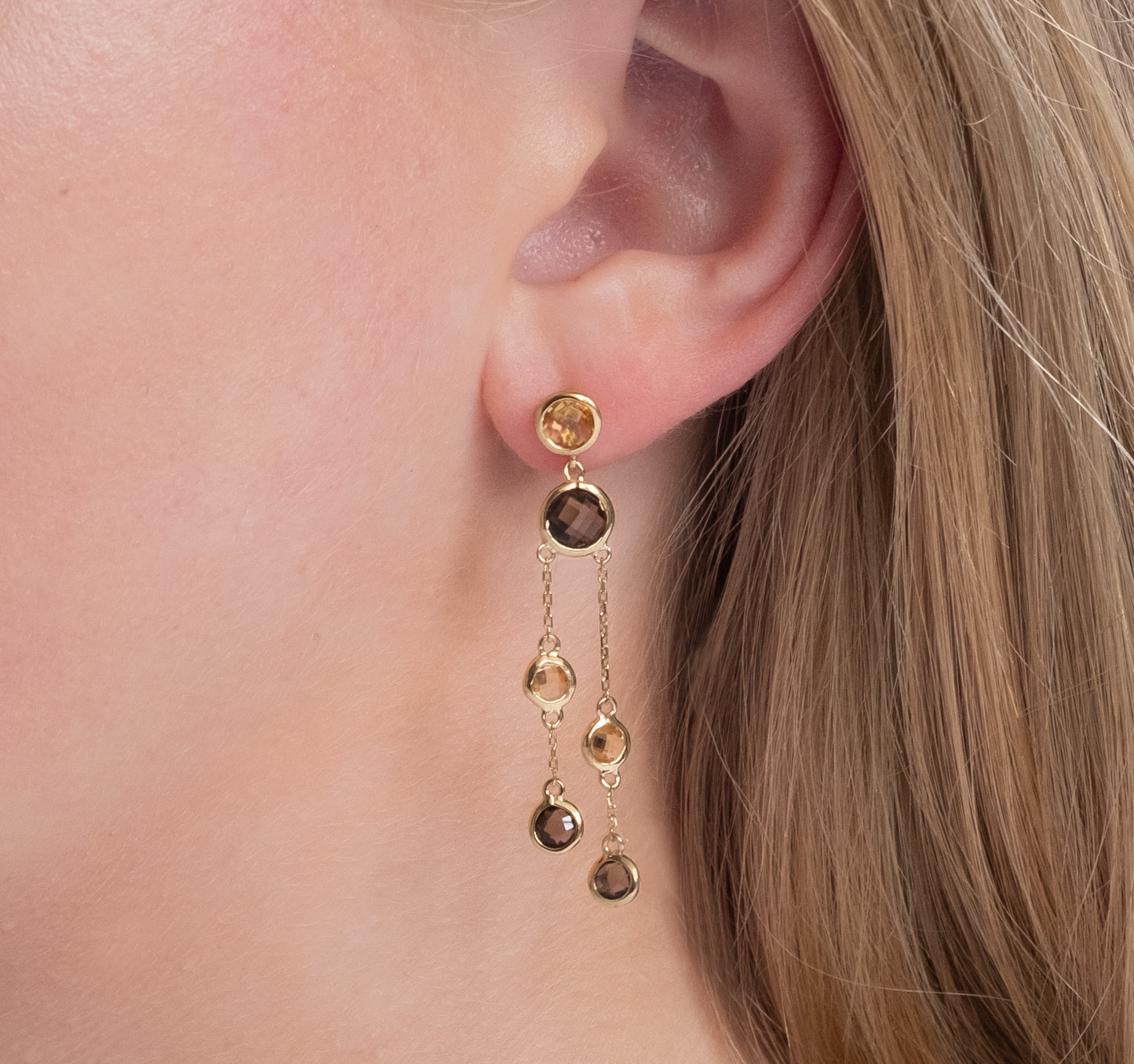 Citrine and Smoky Quartz 14ct Gold Vermeil Double Strand Drop Earrings - 012