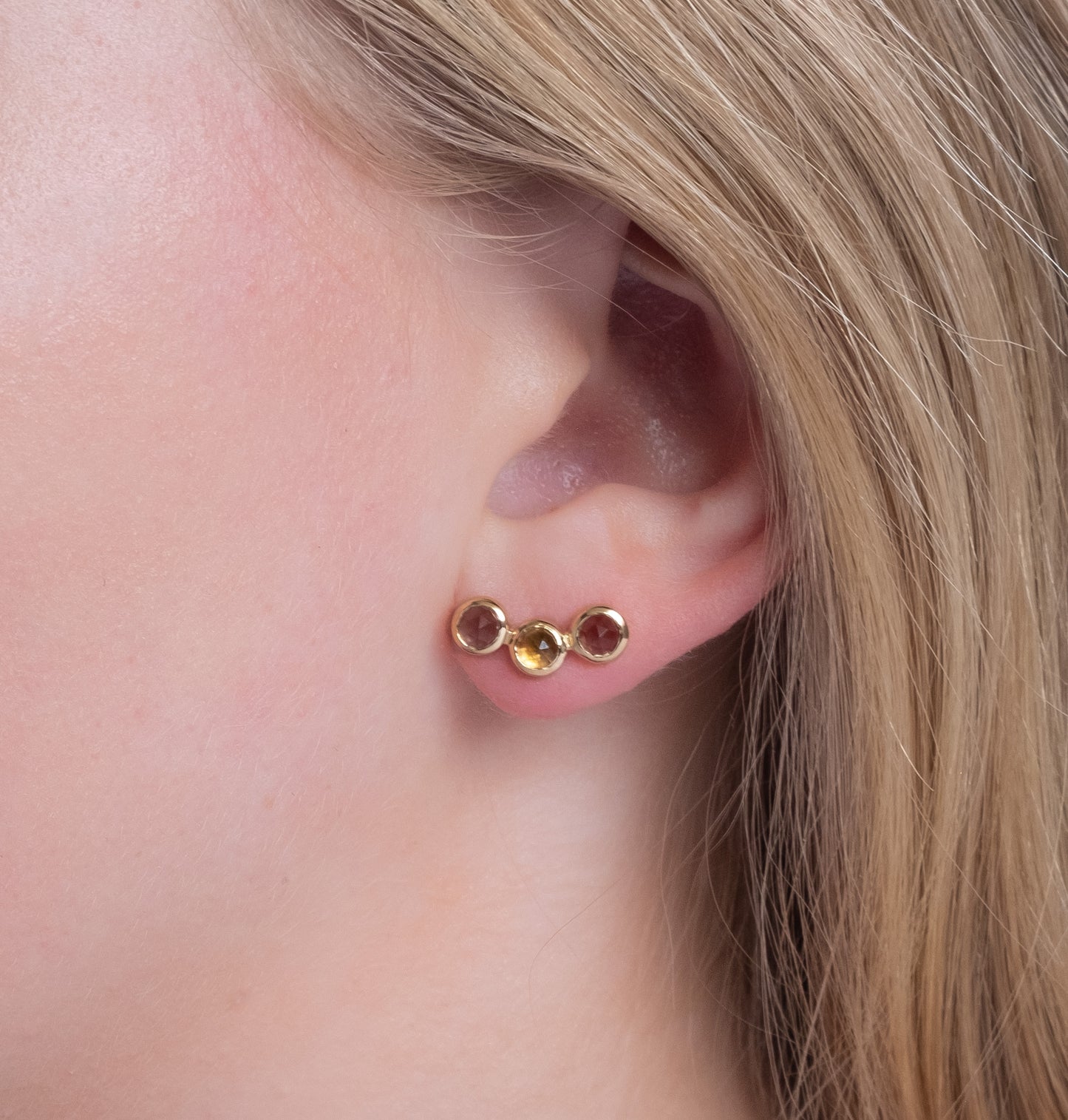 Smoky Quartz and Citrine 14ct Gold Vermeil Three Stone Stud Earrings - 002