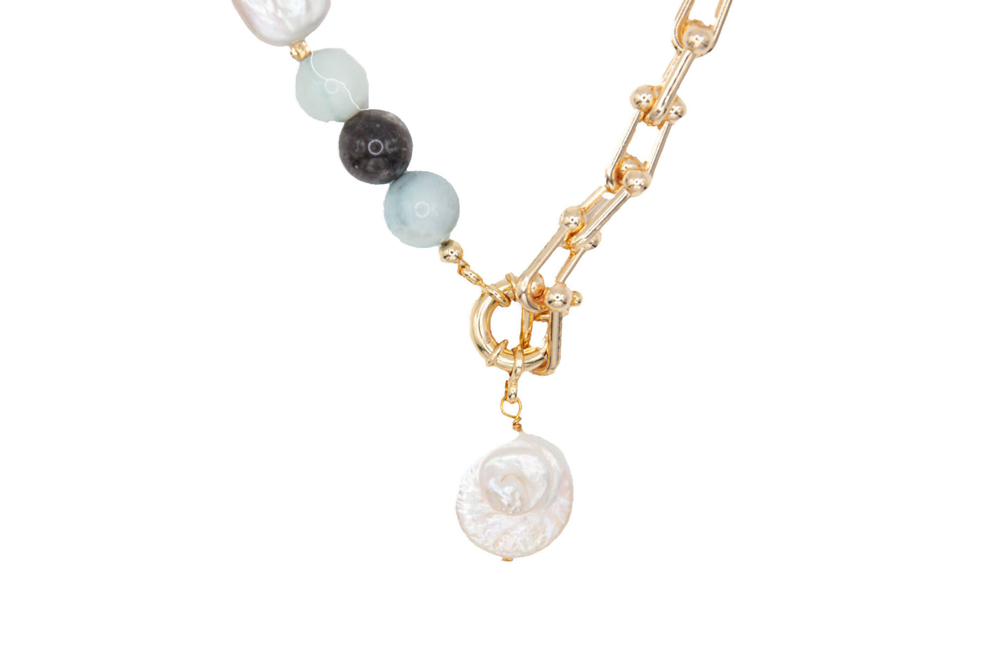 Round Amazonite & Freshwater Pearl Necklace on 18ct Gold Chain - 126
