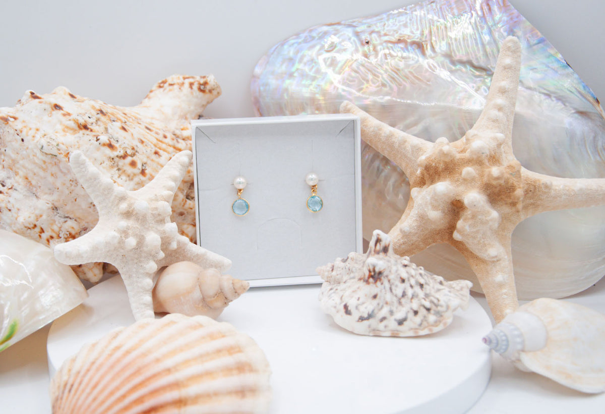 Blue Topaz & White Button Pearl with 18ct Gold Vermeil - 021