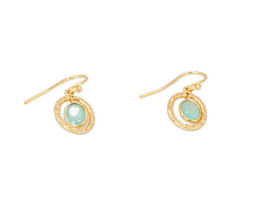 Hammered Oval & Gemstone Drop Earrings - Aqua Chalcedony - 159