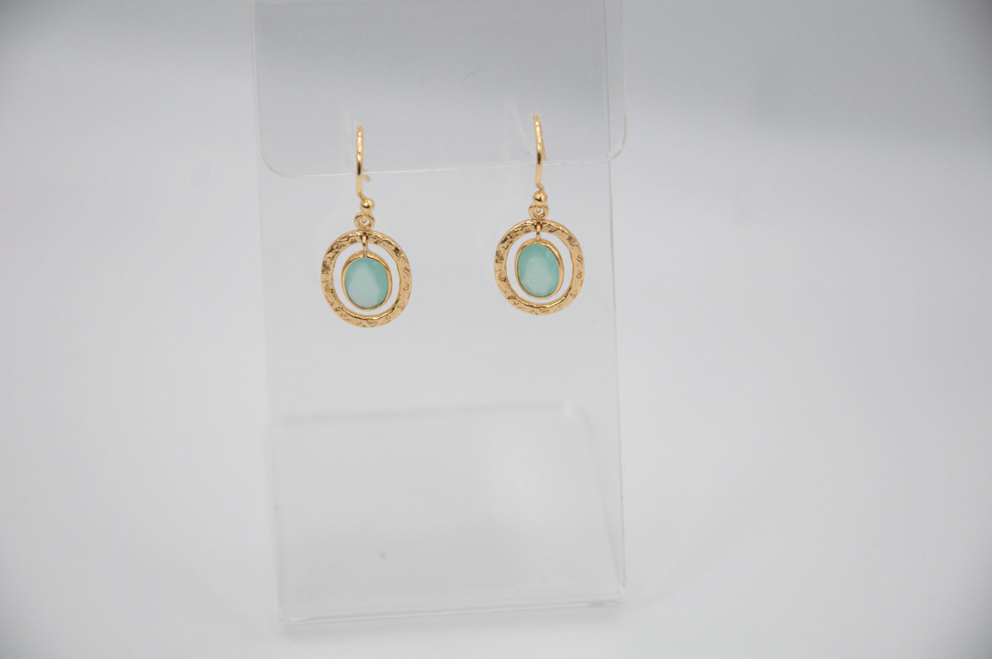 Hammered Oval & Gemstone Drop Earrings - Aqua Chalcedony - 159