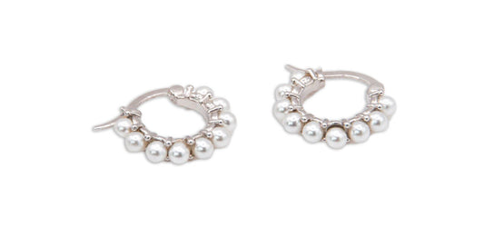 Small Sterling Silver Huggie Hoops w/ Pearl Beads - 138