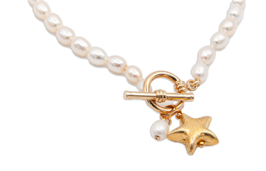 Oval Freshwater Pearl Bracelet with Gold Plate Toggle Clasp & Star Charm - 144