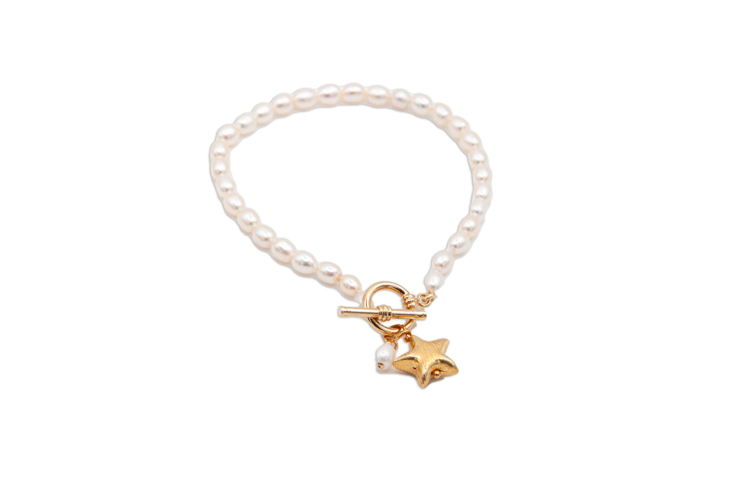 Oval Freshwater Pearl Bracelet with Gold Plate Toggle Clasp & Star Charm - 144