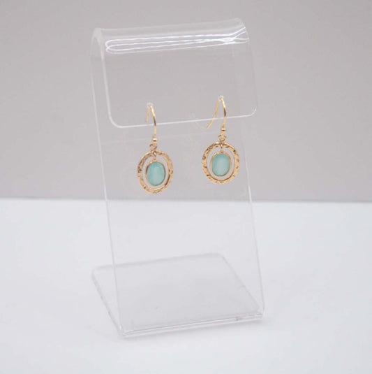 Hammered Oval & Gemstone Drop Earrings - Aqua Chalcedony - 159