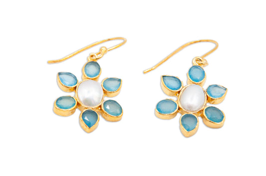Blue Chalcedony and Pearl Flower Drop Earrings - 026