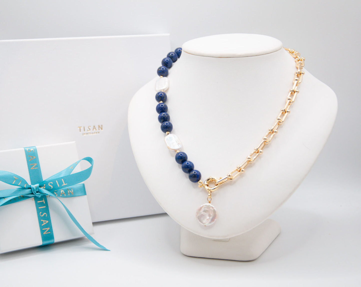 Round Lapis & Freshwater Pearl Necklace on 18ct Gold Chain - 127