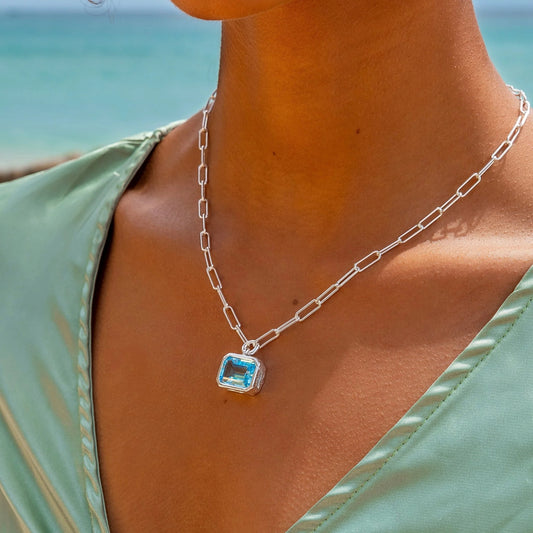 Oblong Blue Topaz & Waves Sterling Silver - 129