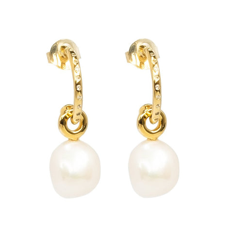Baroque Pearl with White Sapphires 14ct Gold Vermeil Hoop Earrings