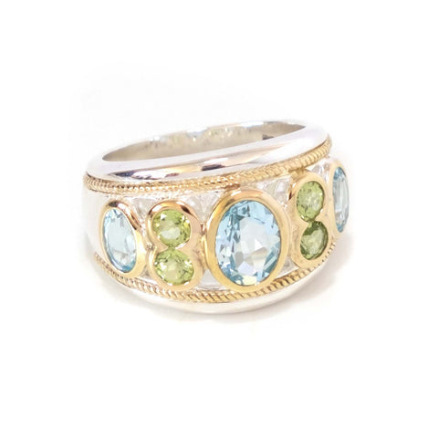 Blue Topaz and Peridot Sterling Silver & 14ct Gold Vermeil Seven Stone Ring