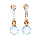 Citrine and Round Blue Topaz and White Topaz 9ct Gold Drop Earrings
