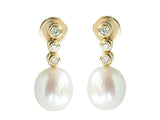 Cultured River Pearl 18ct Gold Drop Earrings with Three Diamonds