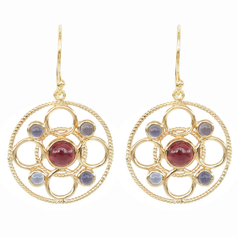 Cabachon Rhodolite and Iolite 14ct Gold Vermeil Circle Link Earrings
