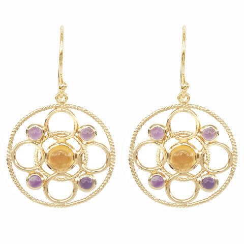 Cabachon Citrine and Amethyst 14ct Gold Vermeil Circle Link Earrings