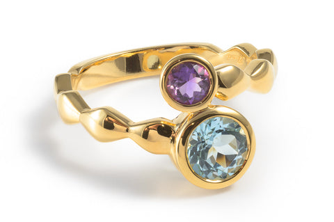 Vermeil  Blue Topaz and Amethyst 14ct Gold 2 Stone Ring