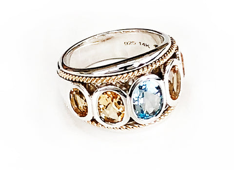 Blue Topaz and Citrine 14ct Gold Vermeil Five Stone Large Ring
