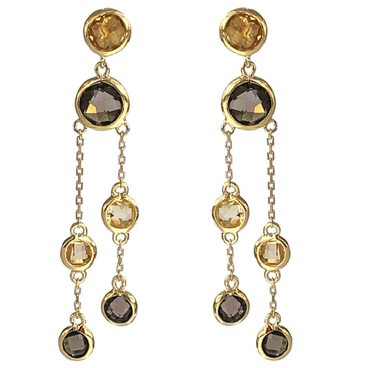 Citrine and Smoky Quartz 14ct Gold Vermeil Double Strand Drop Earrings - 012