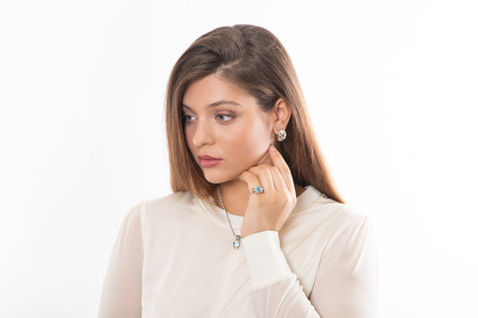 Blue Topaz and White Sapphire Oblong Ring - 053