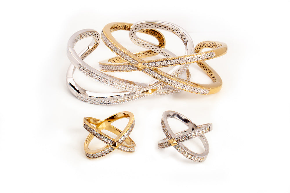 White Sapphire 14ct Gold Vermeil Criss Cross Ring - 060