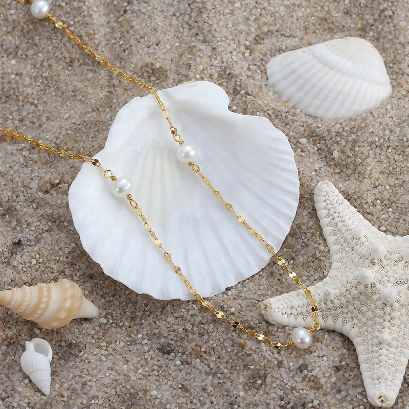 Sterling Silver Freshwater Pearl Chain, 14k Gold Plated Necklace - 195