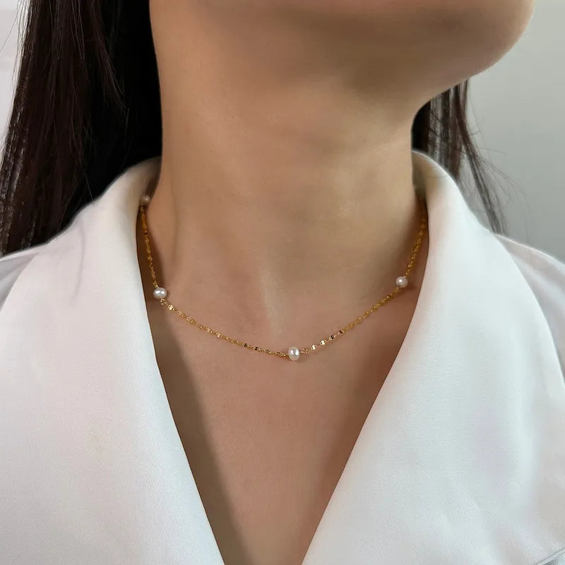 Sterling Silver Freshwater Pearl Chain, 14k Gold Plated Necklace - 195