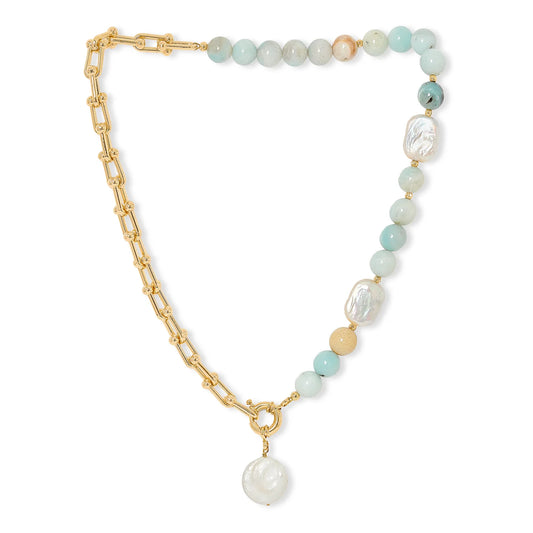Round Amazonite & Freshwater Pearl Necklace on 18ct Gold Chain - 192