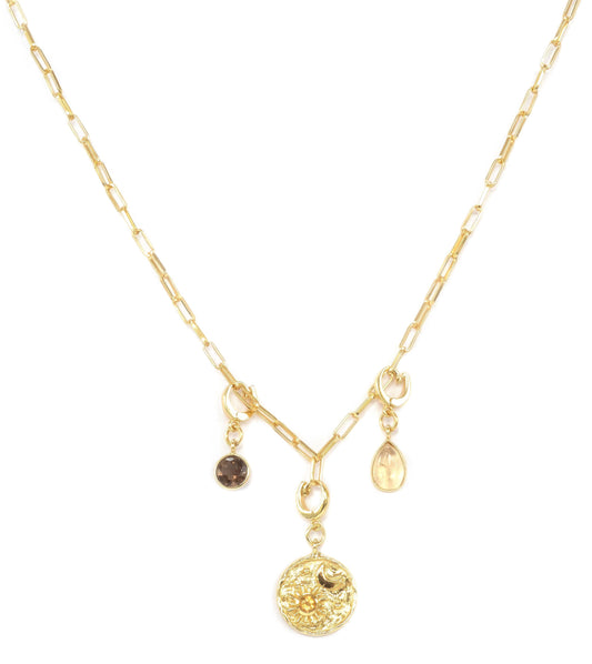 Charm Rectangle Link Necklace in Smoky Quartz and Citrine - 111