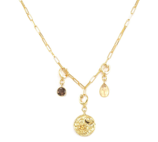 Charm Rectangle Link Necklace in Smoky Quartz and Citrine - 111