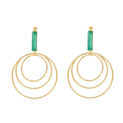 Green Agate Three Hoop Gold Vermeil Earrings