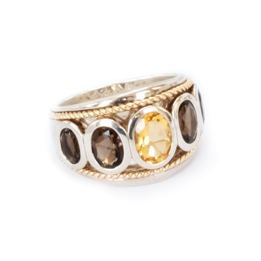 Citrine and Smoky Quartz 14ct Gold Vermeil Five Stone Large Ring - 062