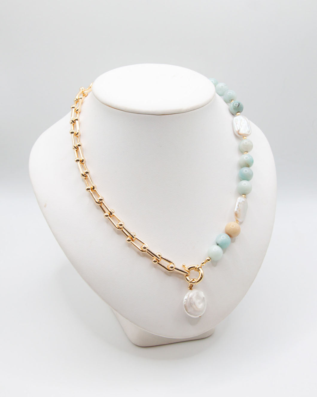 Round Amazonite & Freshwater Pearl Necklace on 18ct Gold Chain - 192