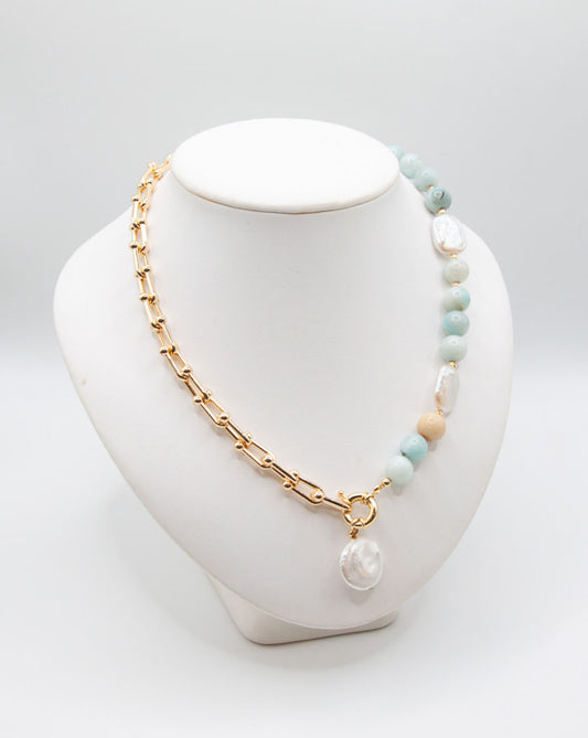 Round Amazonite & Freshwater Pearl Necklace on 18ct Gold Chain - 192