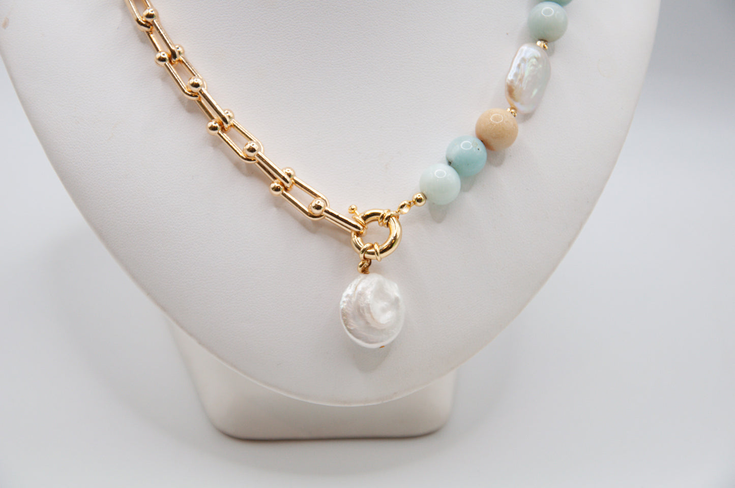 Round Amazonite & Freshwater Pearl Necklace on 18ct Gold Chain - 192