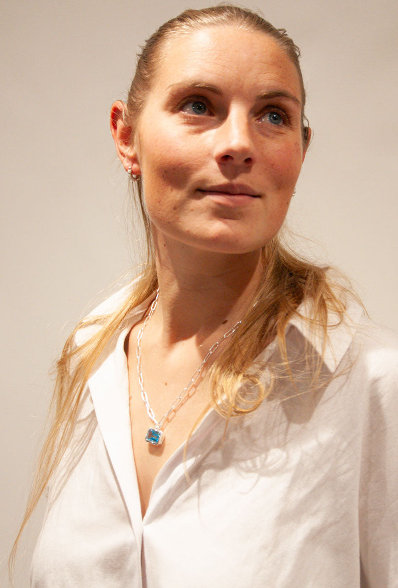 Oblong Blue Topaz & Waves Sterling Silver - 129