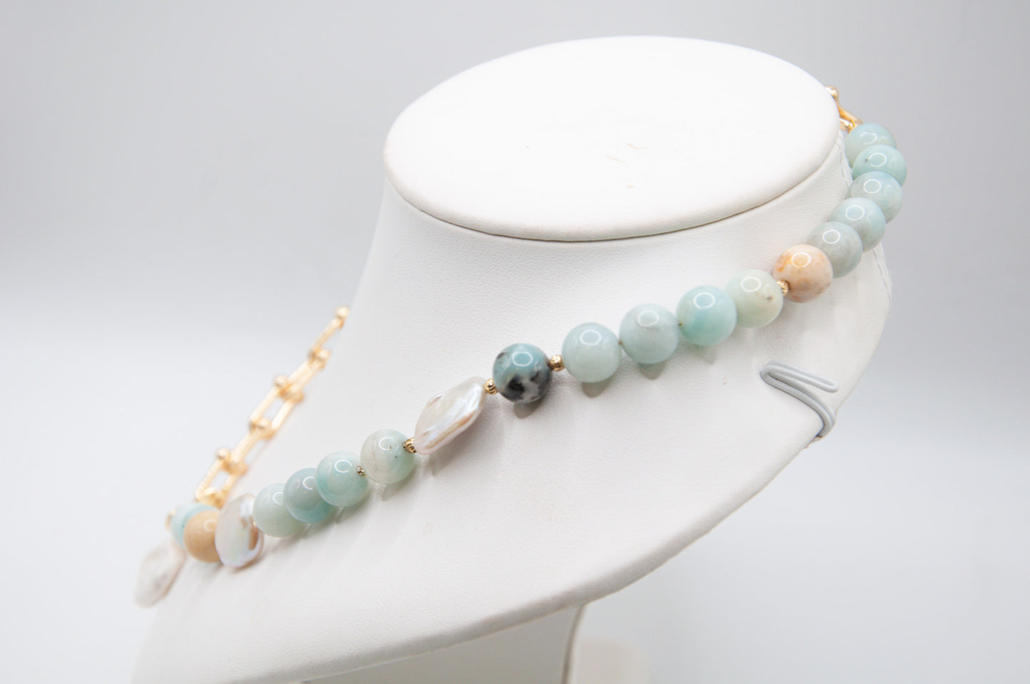 Round Amazonite & Freshwater Pearl Necklace on 18ct Gold Chain - 192