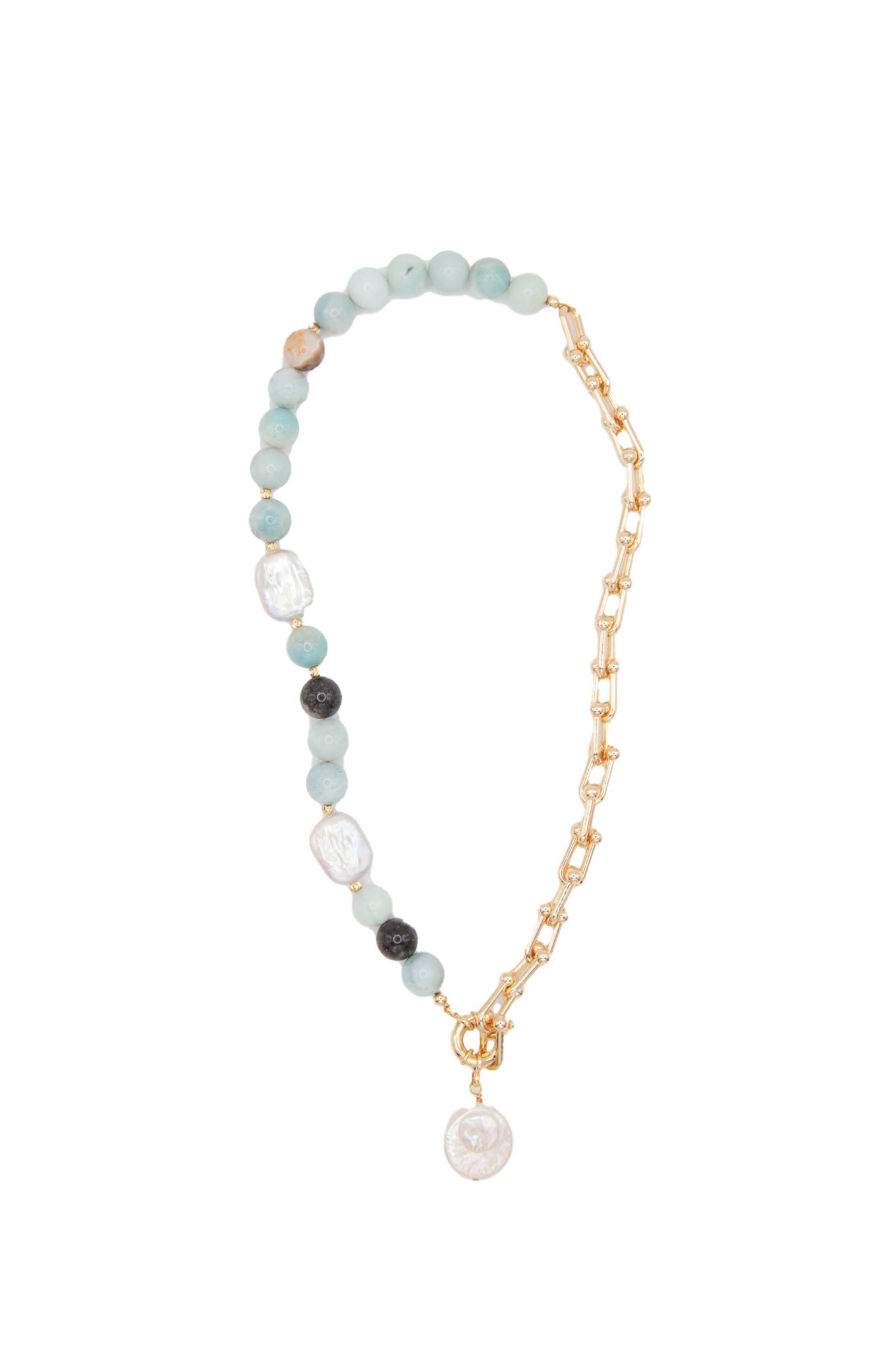 Round Amazonite & Freshwater Pearl Necklace on 18ct Gold Chain - 126