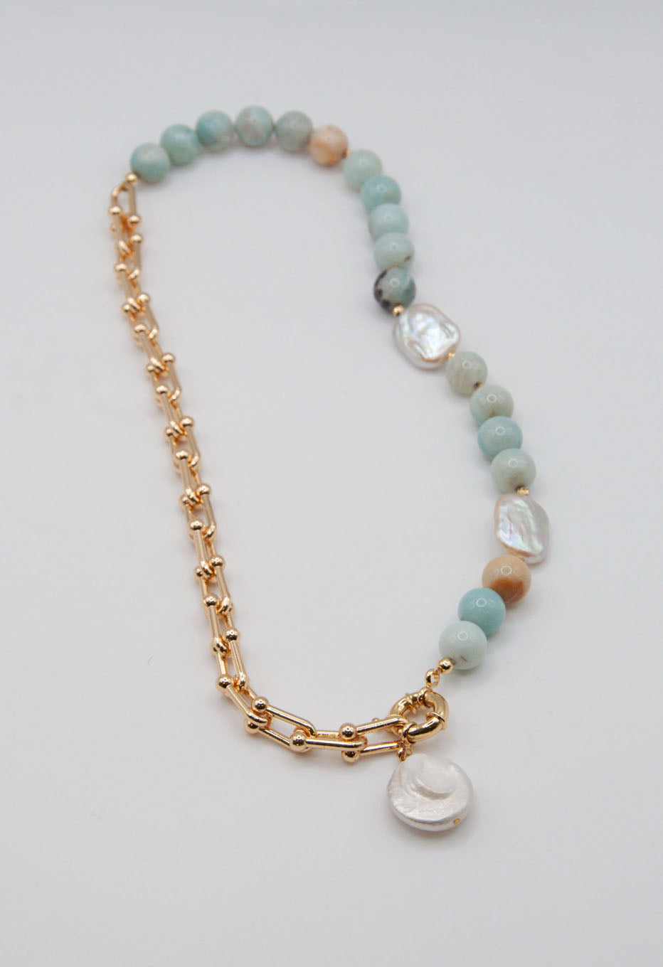 Round Amazonite & Freshwater Pearl Necklace on 18ct Gold Chain - 192