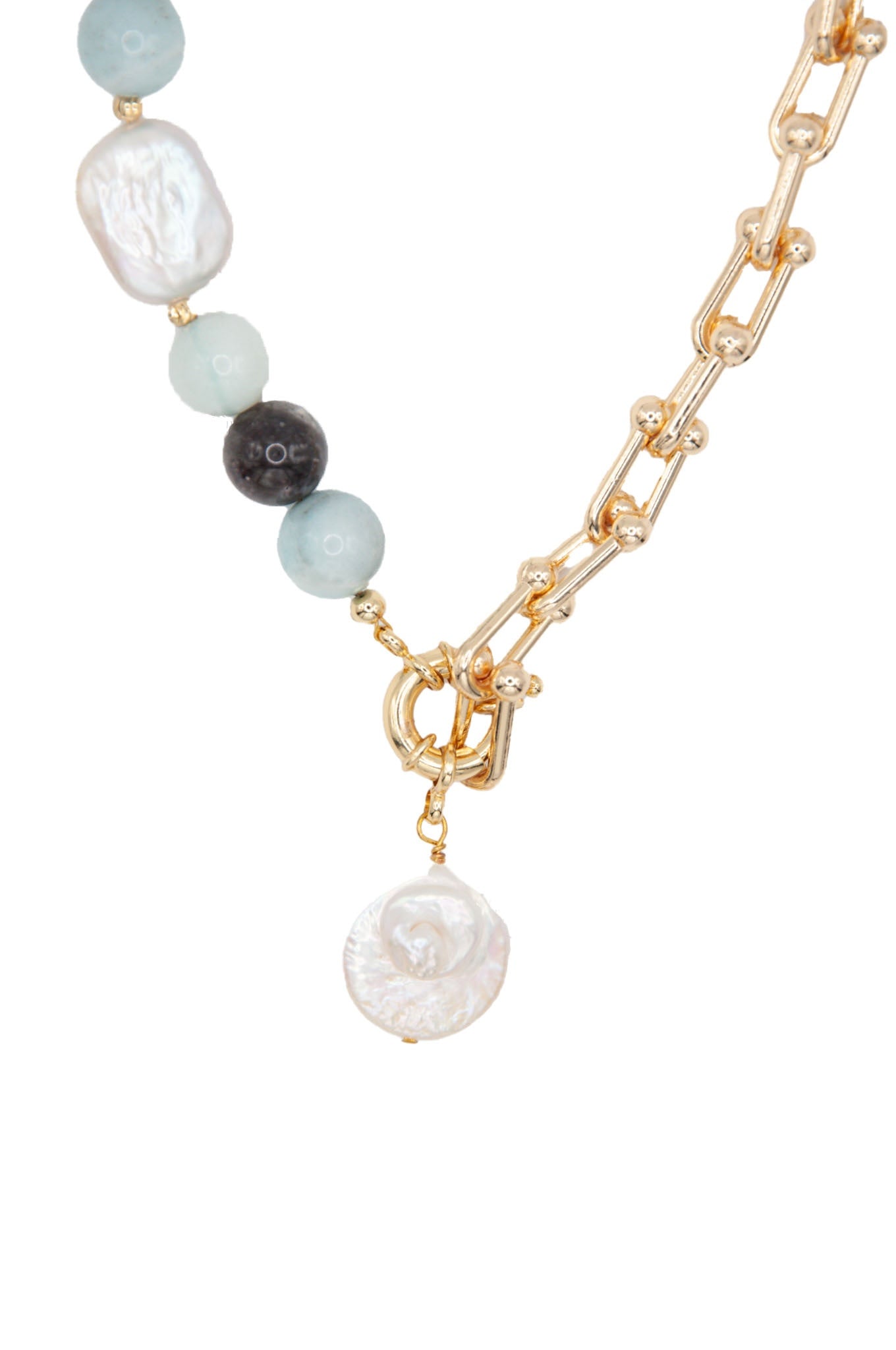 Round Amazonite & Freshwater Pearl Necklace on 18ct Gold Chain - 126