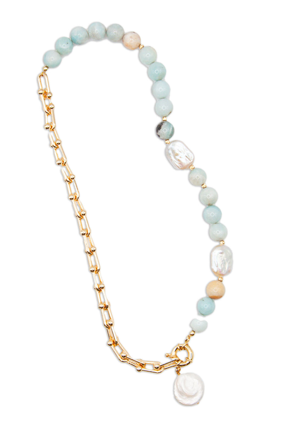 Round Amazonite & Freshwater Pearl Necklace on 18ct Gold Chain - 192