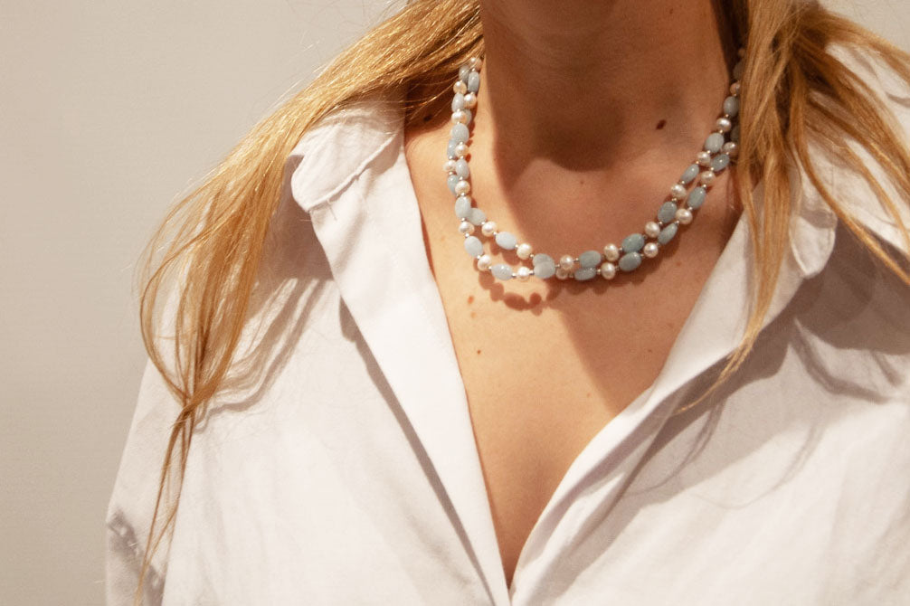 Double Strand Aquamarine & Freshwater Pearl Necklace - 121