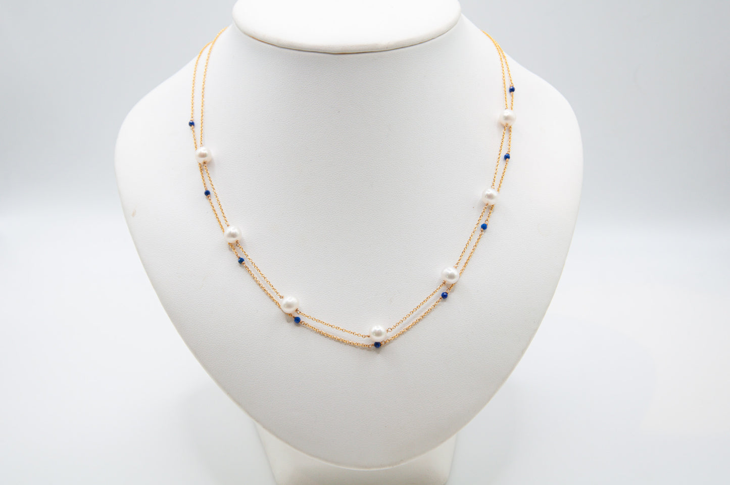 Fine Double Chain Necklace w/ Cultured Freshwater Pearls & Lapis - 193