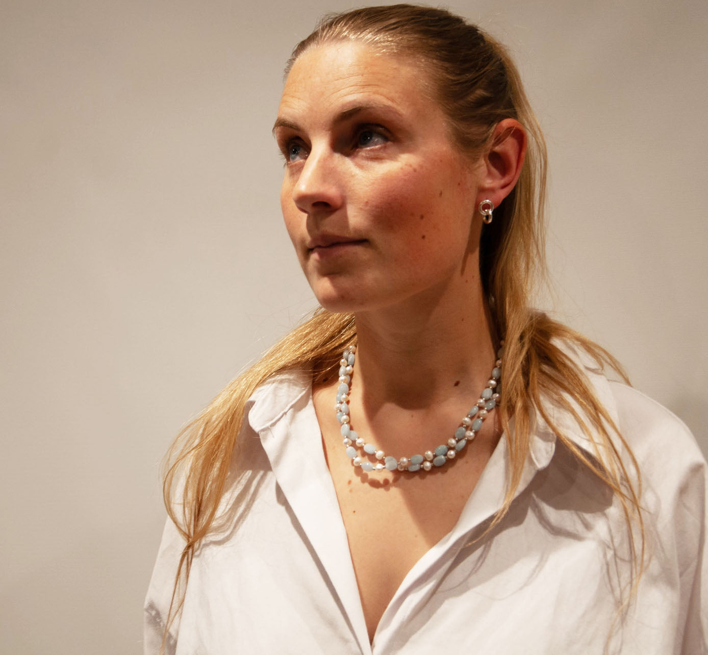 Double Strand Aquamarine & Freshwater Pearl Necklace - 121