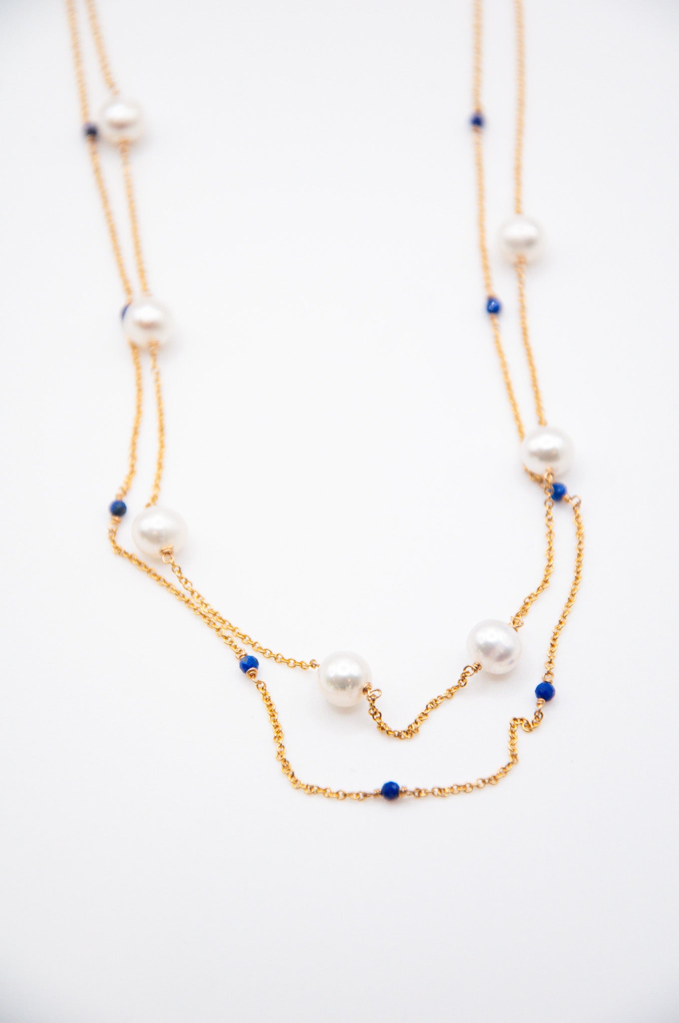 Fine Double Chain Necklace w/ Cultured Freshwater Pearls & Lapis - 193