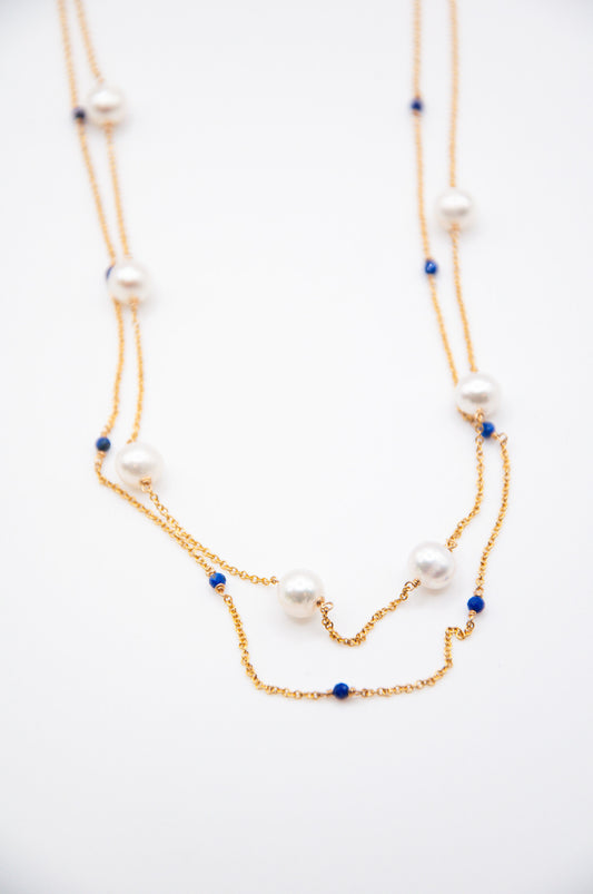 Fine Double Chain Necklace w/ Cultured Freshwater Pearls & Lapis - 193