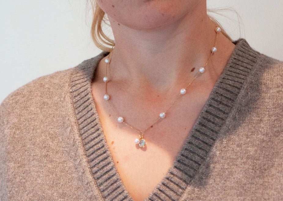 Almost Round Freshwater Pearls with Blue Topaz Necklace - 120