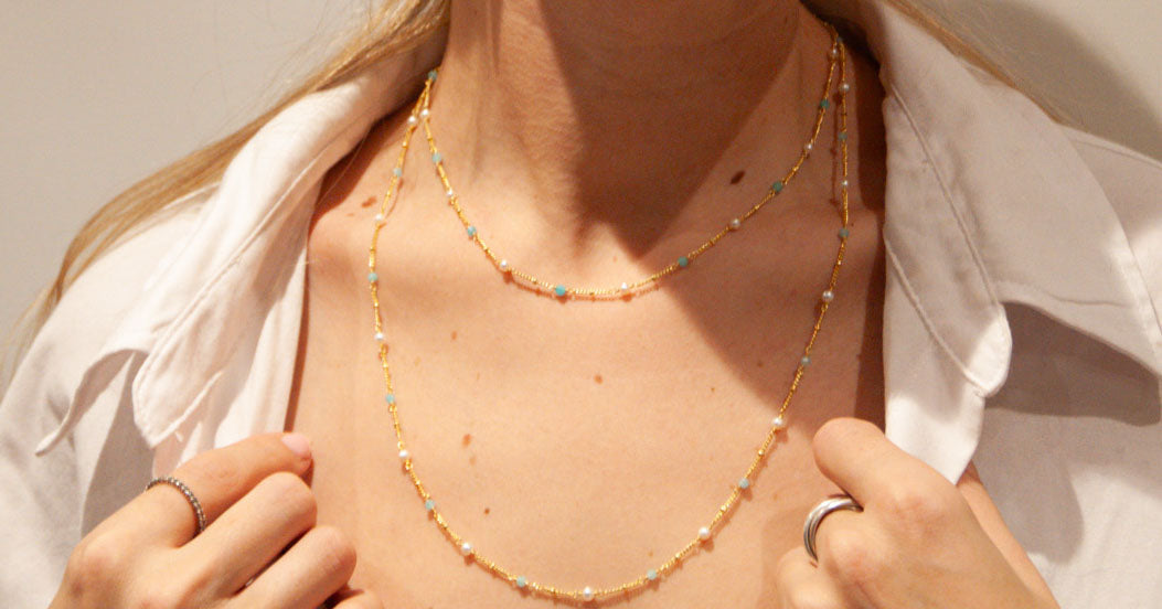 Gemstone Chain Necklace Amazonite & Pearl - 115