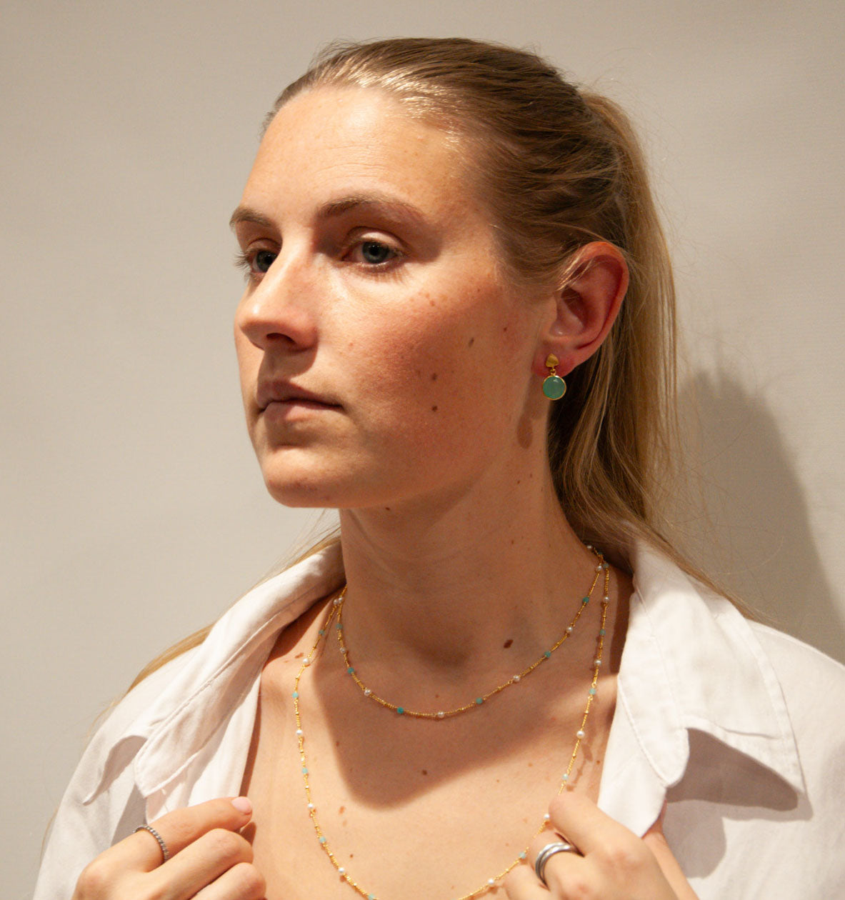 Brushed Stud & Semi Precious Drop - Aqua Chalcedony - 030