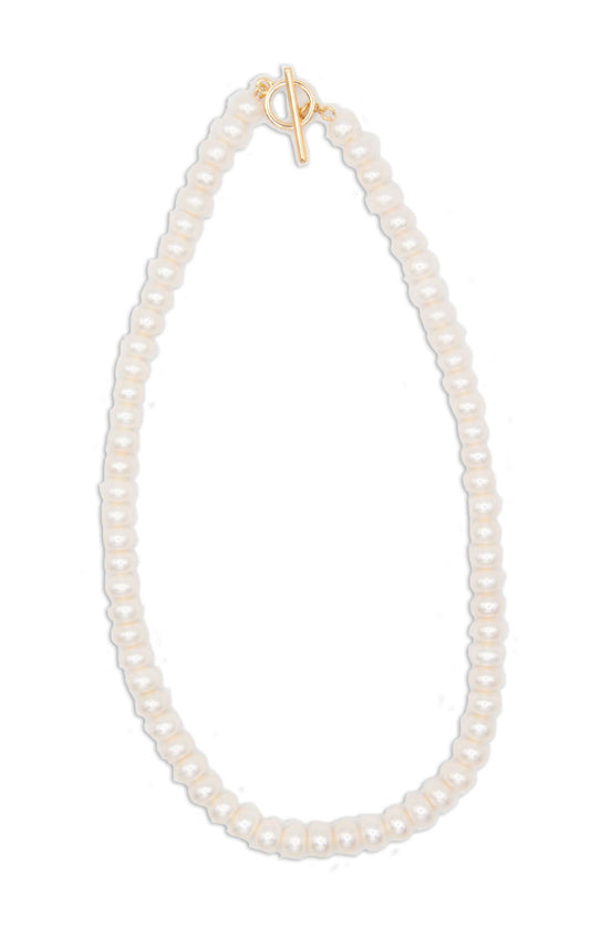 Button-Shaped Freshwater Pearl Necklace with Gold Plate Toggle Clasp - 125